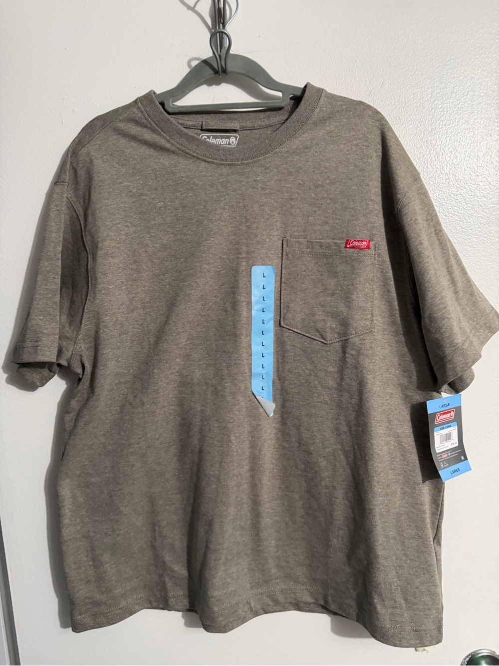 Coleman Short-Sleeve Pocket Tee in heathered brown/gray, 23” PTP, 28”long